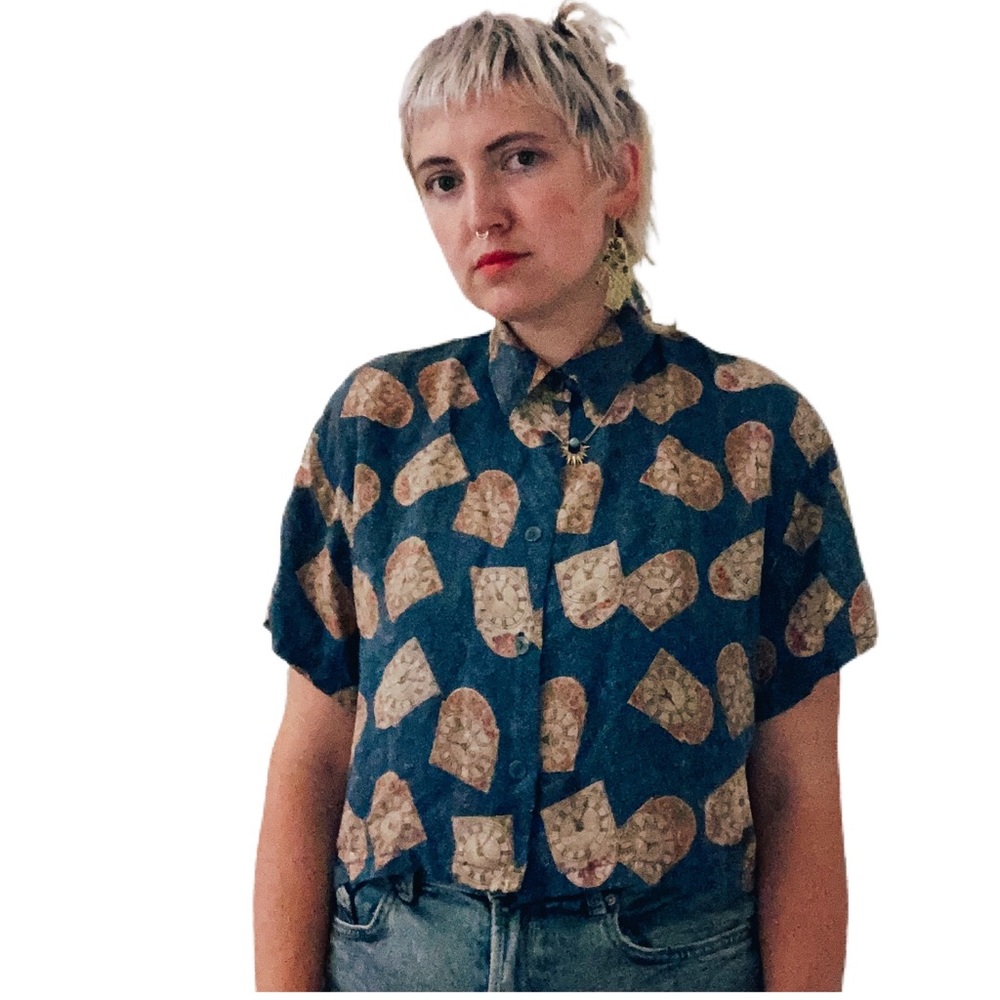 Crop Top Button Up Shirt With Clock Pattern - Vin… - image 1
